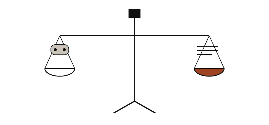 Balança com um comando de jogo simplificado de um lado e uma lista com três linhas do outro, em equilíbrio