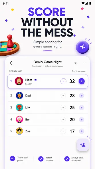 Captura de ecrã da Leaderboard - Score Counter com a tabela «Family Game Night»: cinco jogadores ordenados por pontos, com botões de mais e menos ao lado de cada nome