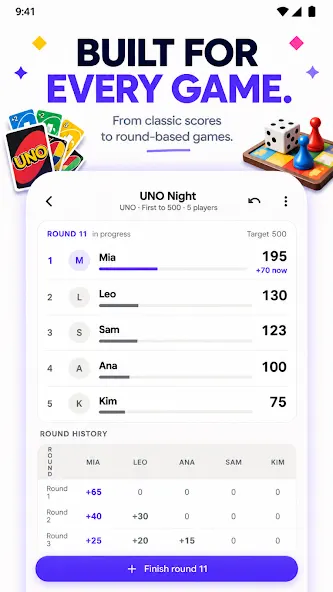 Captura de ecrã da Leaderboard - Score Counter com uma partida de UNO em curso: cinco jogadores, ronda 11 e um histórico de pontos por ronda