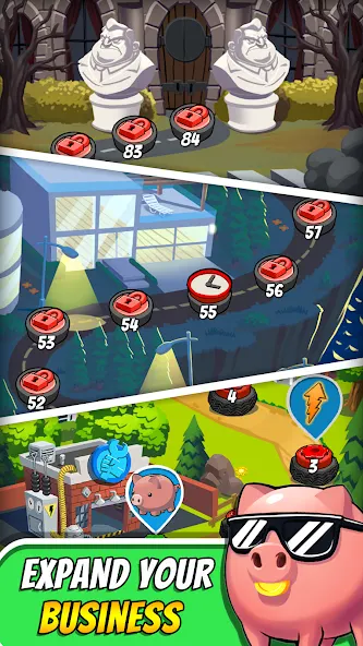 Captura de ecrã do Tap Empire com o ecrã «Expand Your Business»: mapa de nós numerados a ligar edifícios, um deles marcado com um ícone de relógio