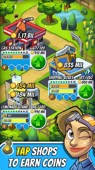 Captura de ecrã do Tap Empire com o ecrã «Tap Shops to Earn Coins»: lojas como a bomba de gasolina e a barraca de limonada, cada uma com nível, barra de progresso e botão de upgrade